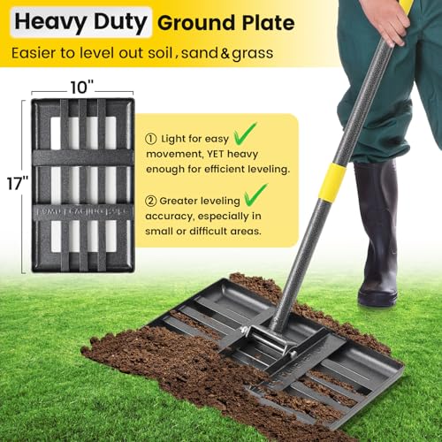 Lawn Leveling Rake, Heavy Duty 17"x10" Curved Ground Plate, 58" Long Handle Lawn Leveler Tool Landscape Rake for Compost Soil Dirt Sand Grass Peat Moss - style: 17X10" - 5FT