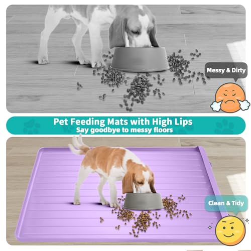 Dog Mat for Food and Water - 39.4" x 27" Large Pet Feeding Mats with Residue Collection Pocket - Waterproof Dog Cat Bowl Mat with High Edges to Prevent Water and Food Spills (Purple, 39.4''x27'') - color: Purple