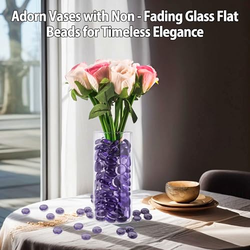 Purple Glass Marbles, 0.97 LB Transparent and Smooth Flat Glass Beads for Vases, Mosaic Gem Pebbles for Aquarium Decor, Floral Arrangements, Mancala Stones, Vase Filler and Crafts (Approx. 80-100 PCS) - color: Purple