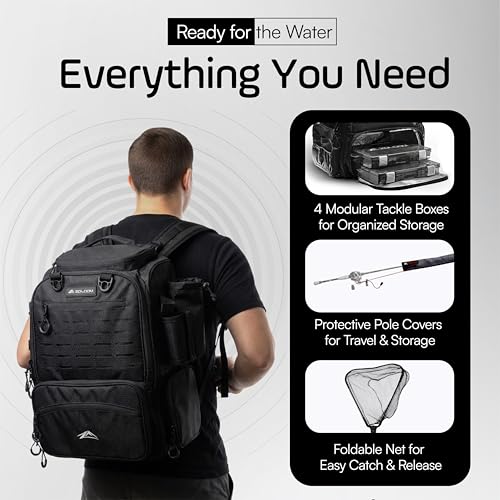 Waterproof Fishing Backpack with Tackle Boxes, Rod Holder & Foldable Net - 40L Fishing Tackle Bag with Trays Included, Extra Storage Gear and Equipment, Rain Cover, Fisherman Gift for Men - color: Medium (40 L) - Black