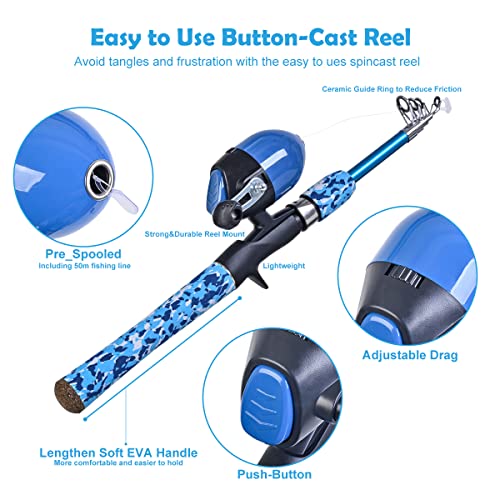 CODEK Kids Fishing Pole Set with Full Starter Kits 2 Set Portable Telescopic Fishing Rod and Spincast Reel Cambos with a Fishing Net and 2 Buckets for Boys Girls and Youth - color: Blue+Orange