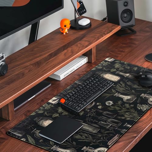 Black Aesthetic Desk Mat - Vintage Large Gaming Flower Mouse Pad XXL Plant Wildflower Mousepad Extended Laptop Computer Keyboard Mat for Women Girl Office Decor 31.5x15.8 in - color: Dark Plants