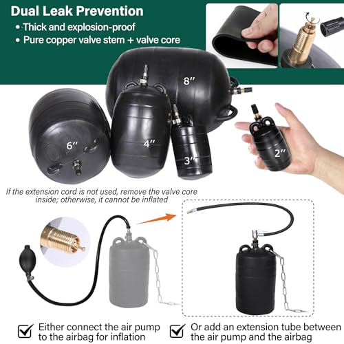 3 Inch Inflatable Pipe Plug Balloon Kit with Extension Hose,Safety Chain & Pump, Rubber Sewer Test Ball for Drain Blocking, Plumbing Pressure Testing/Leak Detection(Fits 2.8"-3.2" Pipes) - size: 3 Inch