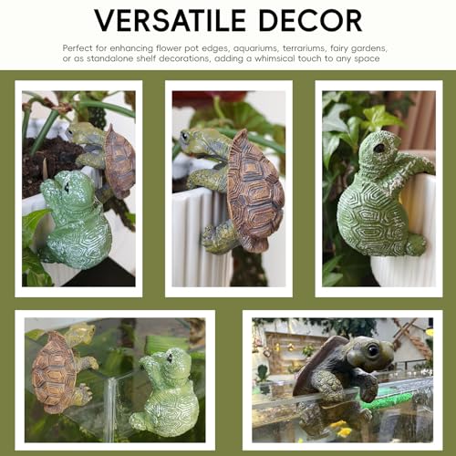 2pcs Resin Turtle Figurines for Pot Edge and Aquarium Decor, Realistic Climbing Green and Brown Decorative Turtles