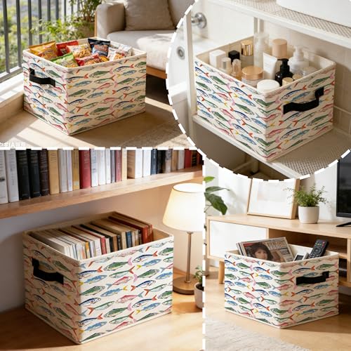 Colorful Fish Coastal Beach Storage Bins Box with Handles, Nautical Ocean Seafood Sardines Fish Foldable Basket Toybox for Kids Nursery Bedroom Bathroom Home Clothes Toys Books - color: color-3