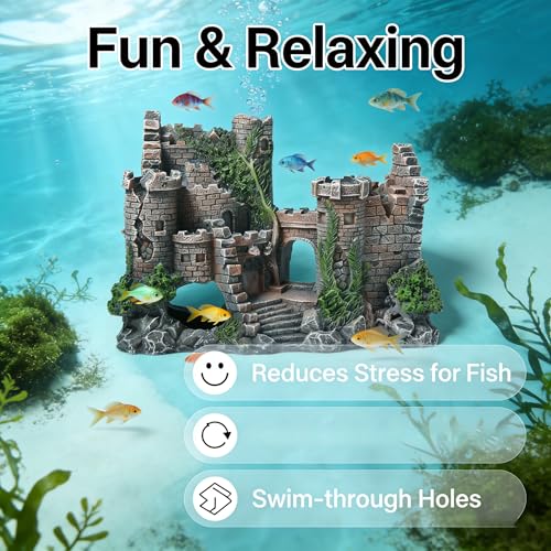 Fish Tank Aquarium Castle Decor, Hiding Spots, Safe for Aquatic Pets to Breed Play & Rest, Freshwater Saltwater Tank Landscaping Accessory