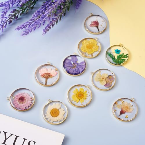 Transparent Flower Resin Charms Round Gold Edge Dried Floral Pendants Flat Round Clear Gold Foil Floral Charms for Necklace Bookmark Keychain Jewelry Making - color: Flower-3