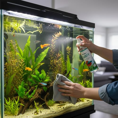Aquarium Glass Cleaner - Streak-Free, Removes Water Spots & Mineral Deposits, Ammonia-Free, Safe for Acrylic & Plastic, 8oz Spray Bottle with Microfiber Cloth