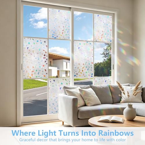 LEMON CLOUD Frosted Window Privacy Film,Stained Glass Static Cling,Decorative Rainbow Window Cling, Heat Control UV Blocking Removable Window Tint for Home Kitchen Bedroom Non-Adhesive,23.6" x 78.7" - color: Clear-rubble Pattern, size: 23.6 x 78.7 Inch