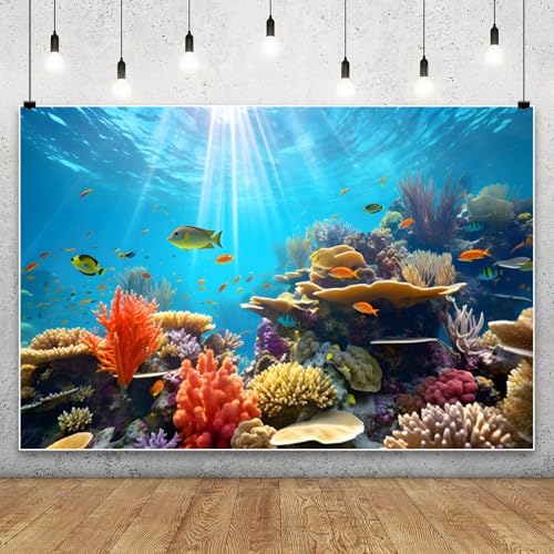 10X8ft Sunlight Underwater Coral Reef Photography Backdrop Colorful Tropical Fish Background for Ocean Themed Aquarium Wall Decorations Kids Birthday Party Portrait Photo Booth Studio Prop - color: Ocean-2