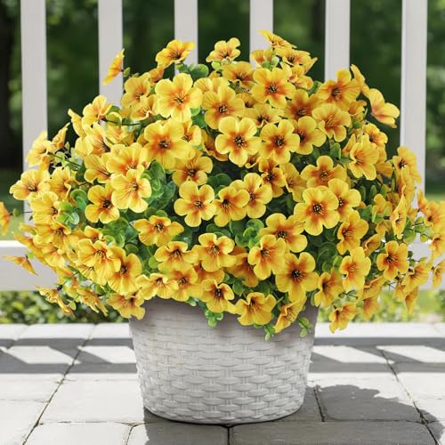 VIERENA 12 Bundles Artificial Flowers and Eucalyptus for Outside, Sun Resistant Silk Fake Morning Glory with Faux Eucalyptus Plants for Garden Porch Farmhouse Home Spring Summer Decor (Yellow) - color: Yellow