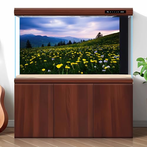 Mountains Pine Trees Aquarium Background Sunset Yellow Flowers Fish Tank Background Fantastic Spruces Natural Landscape Terrarium Backgrounds Lush Wildflowers Meadow Reptile Tank Backgrounds 24x12in - color: Green_Yellow, size: 24(W)x12(H)inches/ 60(W)*30