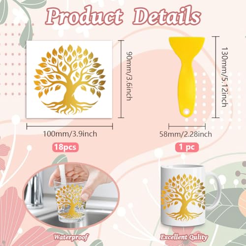 Peacoblue 18 Sheets Rub on Transfers for Crafts, Golden Tree of Life 3.6"x3.9" UV DTF Cup Wraps Waterproof Cold Transfers Stickers for Wood Glass Metal Cup Tumblers Mirrors Mugs Home Decor - style: Golden Tree of Life