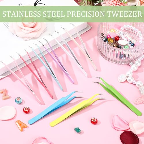Honoson 9 Pieces Curved Pointed Craft Tweezers Stainless Steel Precision Tweezer with Protective Cover for Rhinestones Dried Flowers Craft Stickers Eyelash Extension Jewelry Making(Macaron Colors) - color: Macaron Colors