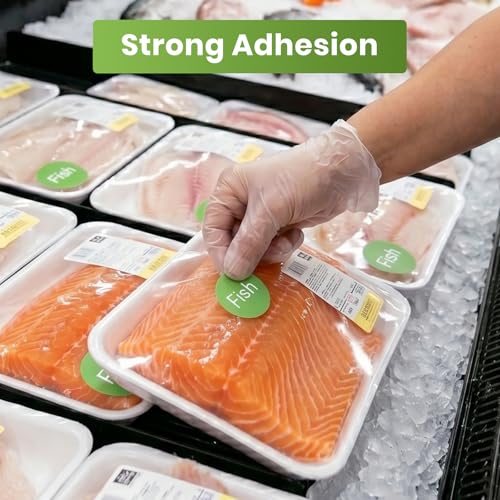 1000 Pcs Fish Food Labels 1 Inch, Vinyl Green Round Food Stickers Waterproof Oil Proof Adhesive Roll for Deli Sandwich Shop Seafood Market Catering Restaurant