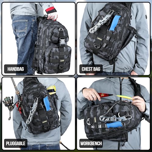 PLUSINNO Fishing Backpack, Fishing gear,Tackle Bag, Water-Resistant Bag with Rod Holder, Ideal Gifts for Men - color: Black Bag With 2 Boxes (No Rod)