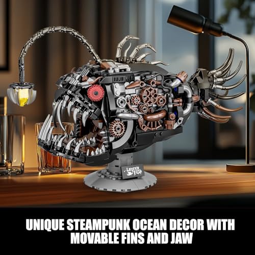 Mechanical Angler Fish Building Set with Light, Creative Ocean Lantern Fish Animal Toy for Home Office Decor, Compatible with Lego Shark, STEM Gift for Adults Teens Boys 8-14+ (1038 PCS) - color: Black