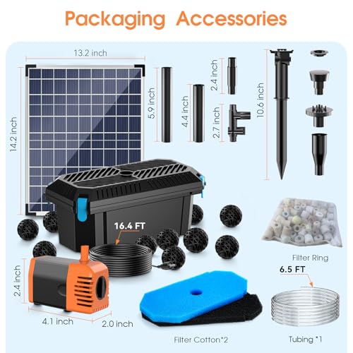 30W Solar Pond Filter with Water Pump Kit, Solar Pond Pump with 6.6FT PVC Tubing & 16.5FT Cord Pond Filter for Outdoor Garden Waterfalls, Koi Ponds & DIY Water Features - style: 30W-Solar Powered