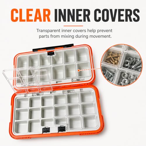 Small Parts Organizer with Dividers, 30-Compartments Hardware Tool Storage Box, Waterproof Seal & Locking Parts Organizers Case for Nail Screws, Nuts, Bolts, Orange