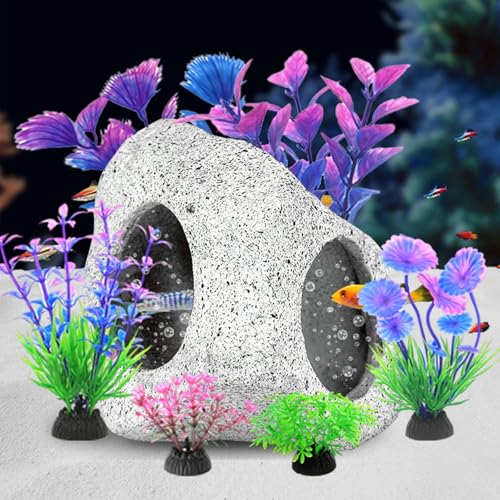 Fish Tank Decorations Set, Aquarium Decor Hideaway Rock Cave x 1pc, Decor Accessories Aquatic Plants x 6pcs.
