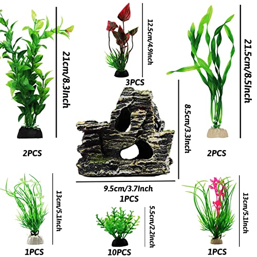 Fish Tank Accessories Aquarium Decorations Rock Plants, 20pcs Green Fish Tank Decorations Plants and Cave Rock Decoration Decor Set, Fish Tank Decor, Aquarium Decor Plastic Plants