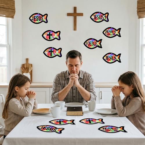 48PCS Sunday School VBS Crafts Bulk: Paper Jesus Fish Nativity Suncatchers, Religious Christian Activity DIY Kits Church Decorations, Window Stained Glass Effect Art Supplies - style: jesus fish