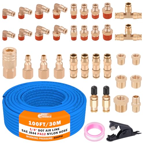 CheeMuii 100 FT 1/4" DOT Air Line with 34 Pcs Brass DOT Air Line Fittings Kit 30.5 Meter 1/4 Blue Air Lines Service Kit with Push Lock Air Fitting Air Coupler & Plug Kit - color: blue & gold, size: 1/4"100ft-37pcs