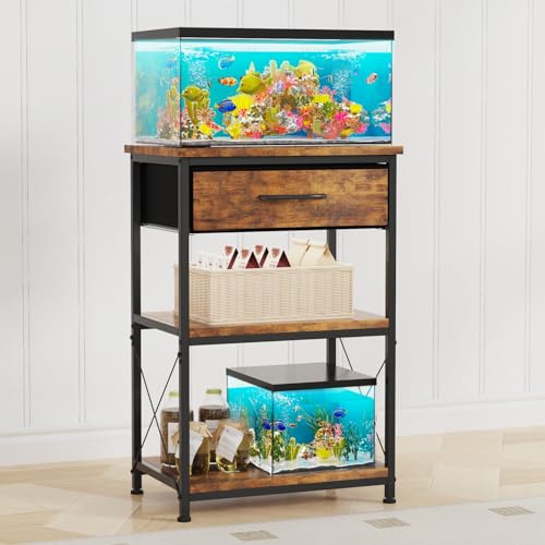 5-10 Gallon Fish Tank Stand, Height Adjustable Metal Aquarium Stand with Storage Drawers for Fish Tank Accessories Storage, Perfect for Turtle Tank, Reptile Terrarium, Brown - color: Brown, size: 5-10 Gallon