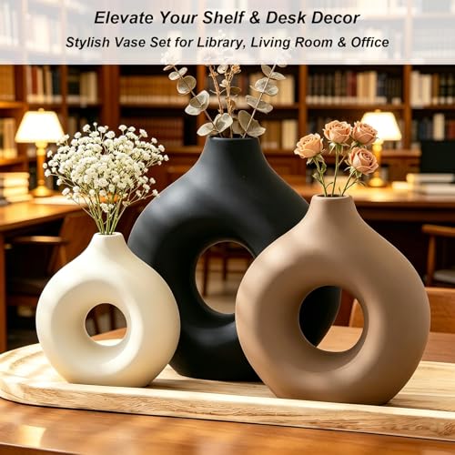 Upgraded Ceramic Vases Set for Home Decor, 3 Piece Modern Neutral Room Decor Desk Vase Bedroom Decor Flower Vase for Table Shelf Office Kitchen, Happy Birthday Gifts for Women Mom Men, Round - color: Round-3pcs