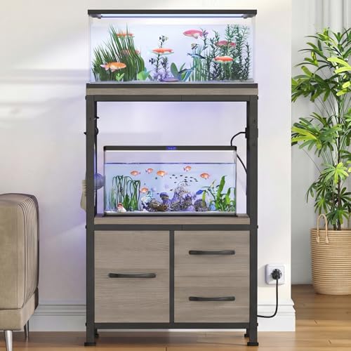 Heybly 5-10 Gallon Fish Tank Stand, Aquarium Stand with Drawer, Power Outlet, Heavy Duty Metal Frame, for Fish Tank, Turtle & Reptile Terrarium, 20.5" × 10.2" Top, 200lbs, Rustic Gray HAS002SSG - color: Greige, size: 5-10 gal