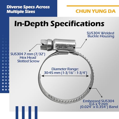 10 Pack SAE Size 20 Stainless Steel Hose Clamps, German Style Embossed Worm Gear Clamp, Adjustable 1-3/16 to 1-3/4 inch (30-45mm) for Coolant Radiator Pipe - size: 1-3/16 to 1-3/4 inch (10 Pack)