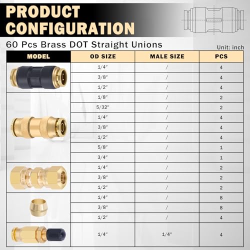 CheeMuii 60 PCS Brass DOT Air Line Fittings Kit DOT Push Lock and Compression Air Fittings Brass Quick Connect Straight Union 1/8" 5/32" 1/4" 3/8" 1/2" 5/8" 3/4" Air Hose Fittings Assortment - color: Gold, size: 60 PCS
