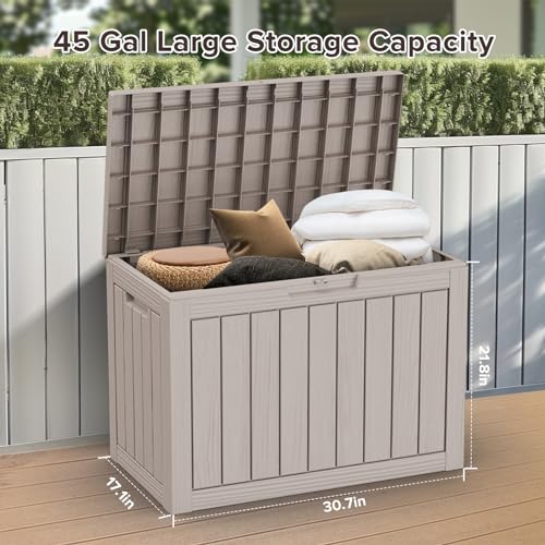 ROJIK Outdoor Storage Housing Deck Box - Waterproof Patio Furniture, Garden Tools, Cushions, Pool Accessories Storage Bench with Lockable Lid and Side Handles (Grey, 45 Gal) - color: Grey, size: 45 Gallon