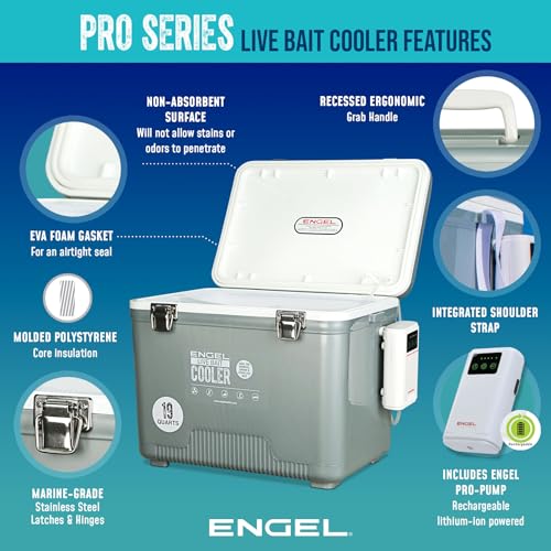 ENGEL Live Bait Cooler PRO for Fishing - Portable Minnow and Bait Bucket with Lithium-Ion Rechargeable Aerator - color: Silver, size: 13 Quarts