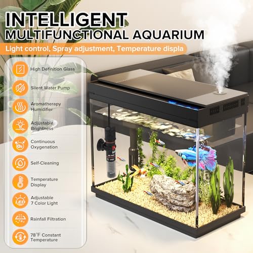 Vehipa Fish Tank 2.4 Gallon Aquarium with Heater, 3-in-1 Silent Pump with Filteration & Oxygenation & Circulation, 7-Color Timer Cycle Light, Temperature Display, Humidifier, HD Glass Fish Bowl - color: Jet-black