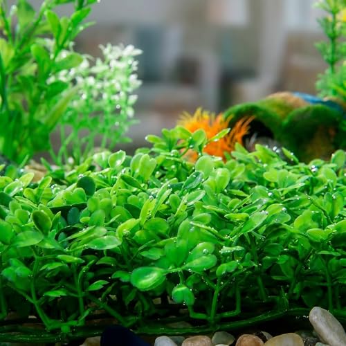 Aquarium Decorations Grass Artificial Plastic Lawn 10 inches Square Landscape Green Plants,Easy to Clean Landscape Ornament Realistic Faux Water Grass,with 8 Pcs Suction Cups