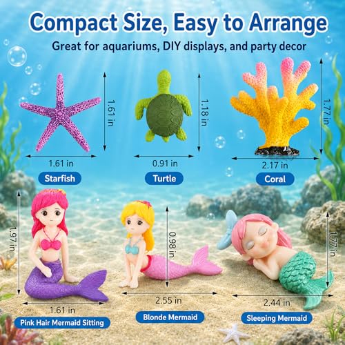 Jetec 13 Pcs Aquarium Mermaid Decor Fish Tank Decoration Mermaid Figurine Starfish Turtle Faux Coral for Ocean Theme DIY Fish Tank Cake Topper Party Accessories