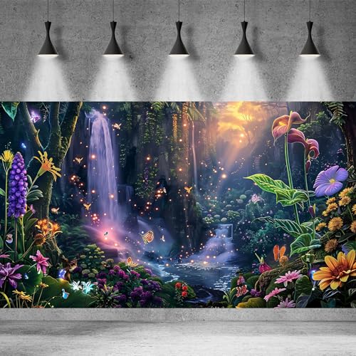 Fantasy Garden Aquarium Background Sunset Waterfall and Flowers Terrarium Backdrop Tropical Forest Lush Plant Magic Butterfly Lights Flowers Fish Tank Background Poster Decorations 24x16in - color: Purple, size: 24(W)x16(H)in