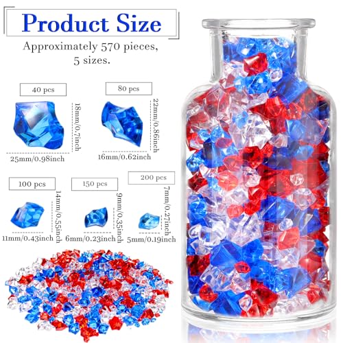 Syhood 570 Pcs 5 Sizes Red Blue and Clear Independence Day Fake Crushed Ice Rocks Patriotic Acrylic Diamond Plastic Gemstone Treasure Crystal Gem for Vase Fillers Table Centerpieces Memorial Day Decor - color: Red, Blue and Clear