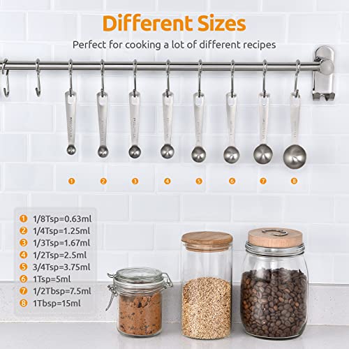 Measuring Spoons: U-Taste 18/8 Stainless Steel Measuring Spoons Set of 8 Piece: 1/8 tsp, 1/4 tsp, 1/3 tsp, 1/2 tsp, 3/4 tsp, 1 tsp, 1/2 tbsp & 1 tbsp Dry and Liquid Ingredients - size: L-8 pcs