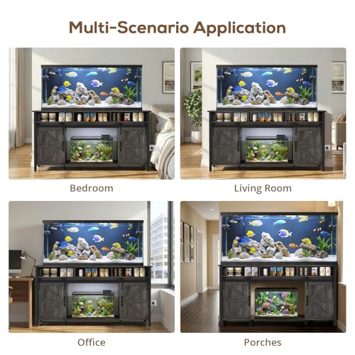 VOWNER 75-120 Gallon Fish Tank Stand with Power Outlet, Farmhouse Aquarium Stand with Storage Cabinet & Sliding Barn Doors, Heavy Duty Reptile Tank Stand, for 2 Tanks, 1000LBS Capacity, Grey - color: Grey