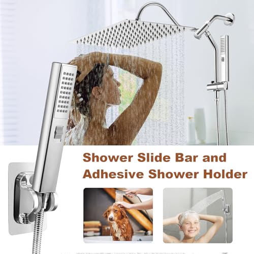 Shower Head, 12" Rain Shower Head with Handheld Spray Combo, High Pressure Rainfall Rectangle Shower Heads with Extension Arm Wide Dual Showerhead with Shower Slide Bar, Bathroom Accessories, Chrome