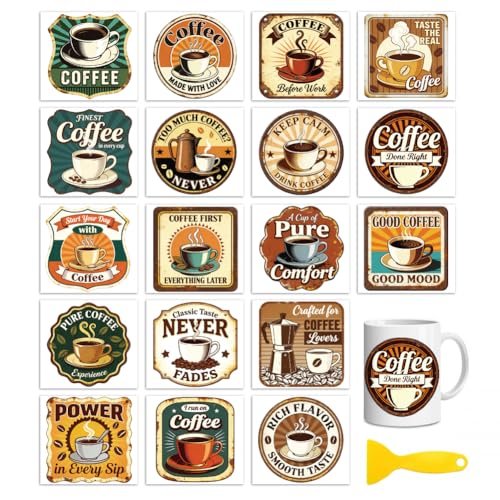 Peacoblue 18 Sheets Rub on Transfers for Crafts, Retro Coffee Labels 3.6"x3.9" UV DTF Cup Wraps Waterproof Cold Transfers Stickers for Wood Glass Metal Cup Tumblers Mirrors Mugs Home Decor - style: Retro Coffee Labels