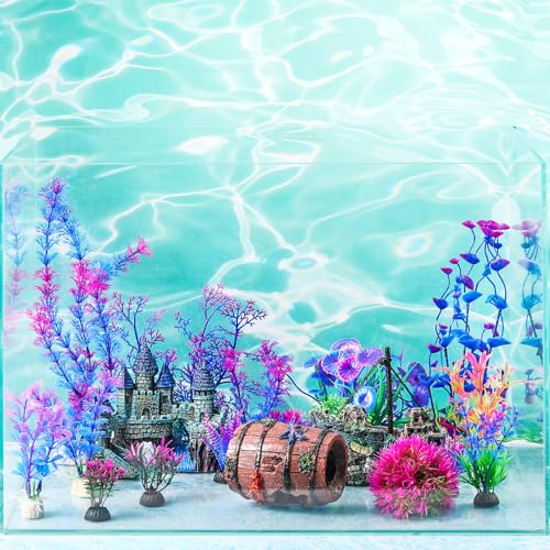 Zeyune 18 Pcs Fish Tank Decorations Artificial Plastic Plants Decoration and Rock Cave Decor Set Aquarium Decor Resin Castle Sunken Ship Starfish Barrel Goldfish Betta Tank Accessories Purple Ornament