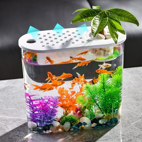 Aquariums Fish Bowl Transparent Acrylic Fish Tank with Breathable Lid and Easy to Move Carrying Handle Living Room Office Desktop Decorative Fish Tank Planter Fish Tanks(White) - color: White
