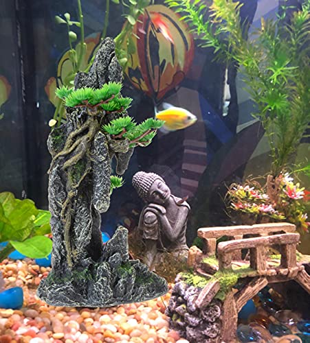 Tall Aquarium Decor Mountain View with Tree & Cave 13.8inch, Large Fish Tank Decoration, Artificial Resin Rock Mountain Betta Fish Tank Ornament for Goldfish Cichlid Shrimp Hiding Playing - color: 2#