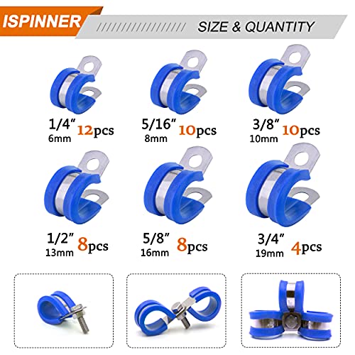 ISPINNER 52pcs Cable Clamps Assortment Kit, 304 Stainless Steel Rubber Cushion Pipe Clamps in 6 Sizes 1/4" 5/16" 3/8" 1/2" 5/8" 3/4" (Blue) - color: Blue