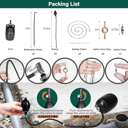 3 Inch Inflatable Pipe Plug Balloon Kit with Extension Hose,Safety Chain & Pump, Rubber Sewer Test Ball for Drain Blocking, Plumbing Pressure Testing/Leak Detection(Fits 2.8"-3.2" Pipes) - size: 3 Inch