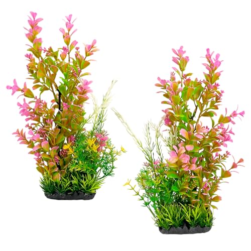 Aquarium Plants 2-Pack, 11.8in Artificial Plastic Fish Tank Decor, Moderate Size Aquarium Decorations, Safe Green Fish Tank Plants for Freshwater Tanks (Pink & Green Gradient) - color: Pink & Green Gradient