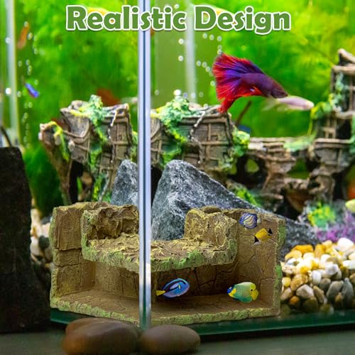 Aquarium Hideaway Cave Underground Tunnel Hideout Wood-Like Fish Tank Cave for Corners View Fish in Aquarium Decoration with 2PCS Plastic Aquatic Plants for Betta Shrimp Guppy Hide